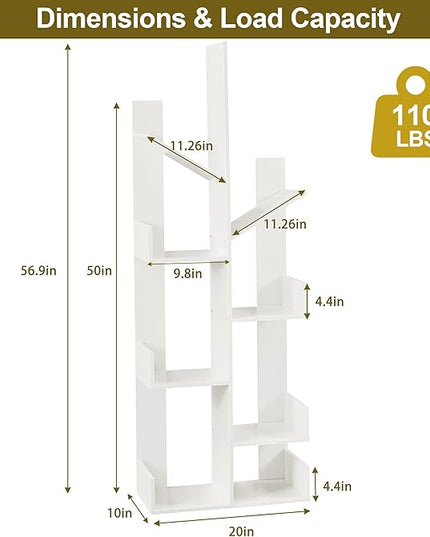 VECELO Tree Bookshelf,8 Shelf Storages Bookcase,Industrial Wooden Book Display Shelves for CDs/Movies/Books,FreeStanding Tree-Shaped Book Case Organizers for Home Office,Living Room,Ivory White - LeafyLoom