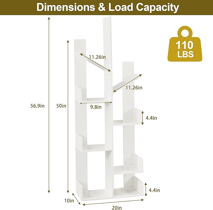 VECELO Tree Bookshelf,8 Shelf Storages Bookcase,Industrial Wooden Book Display Shelves for CDs/Movies/Books,FreeStanding Tree-Shaped Book Case Organizers for Home Office,Living Room,Ivory White - LeafyLoom