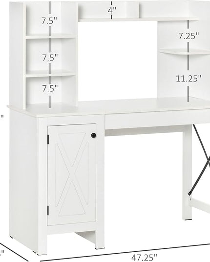HOMCOM Farmhouse Computer Desk with Hutch and Cabinet, Home office Desk with Storage, for Study, White - LeafyLoom