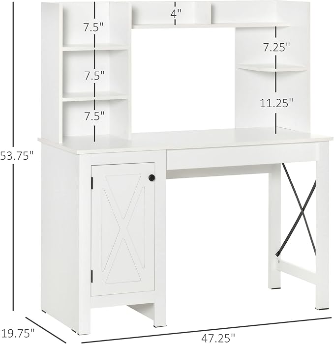 HOMCOM Farmhouse Computer Desk with Hutch and Cabinet, Home office Desk with Storage, for Study, White - LeafyLoom