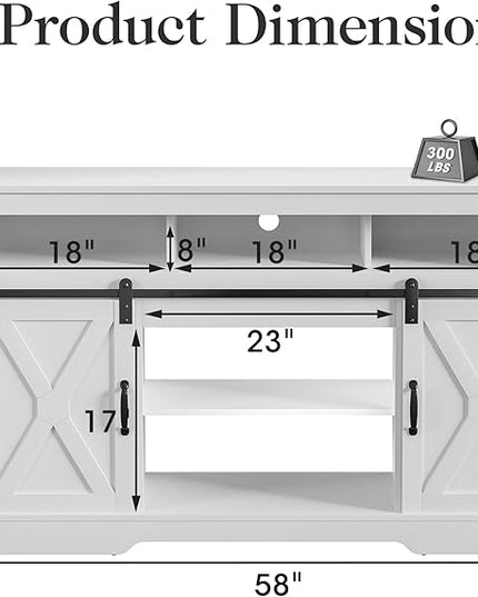 Farmhouse TV Stand for 23" Fireplace, 34'' Tall Entertainment Center for 65+ Inch TV, Rustic TV Console with Sliding Bar Door for Living Room (White) - LeafyLoom