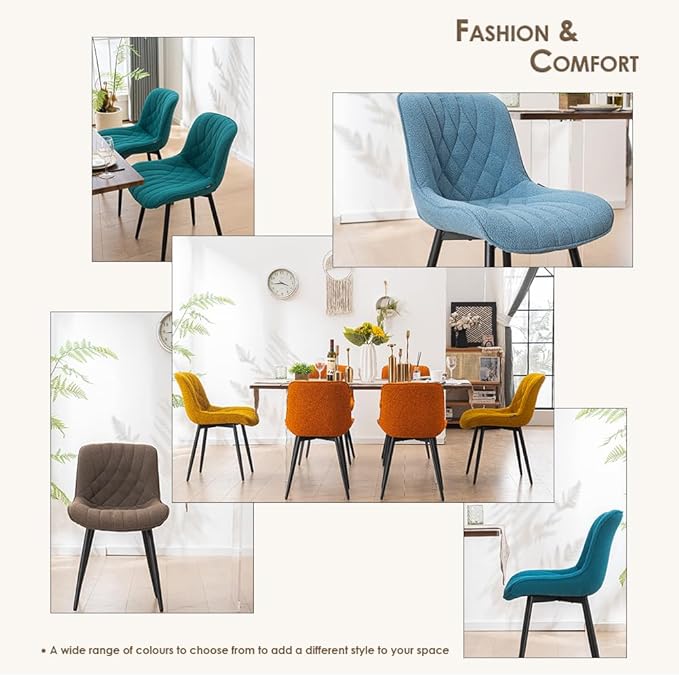 YOUNUOKE Comfortable Dining Chairs Set of 2, Mid-Century Modern Kitchen Dining Room Chairs, Upholstered Backrest Boucle Dining Chair with Black Metal, Teal - LeafyLoom