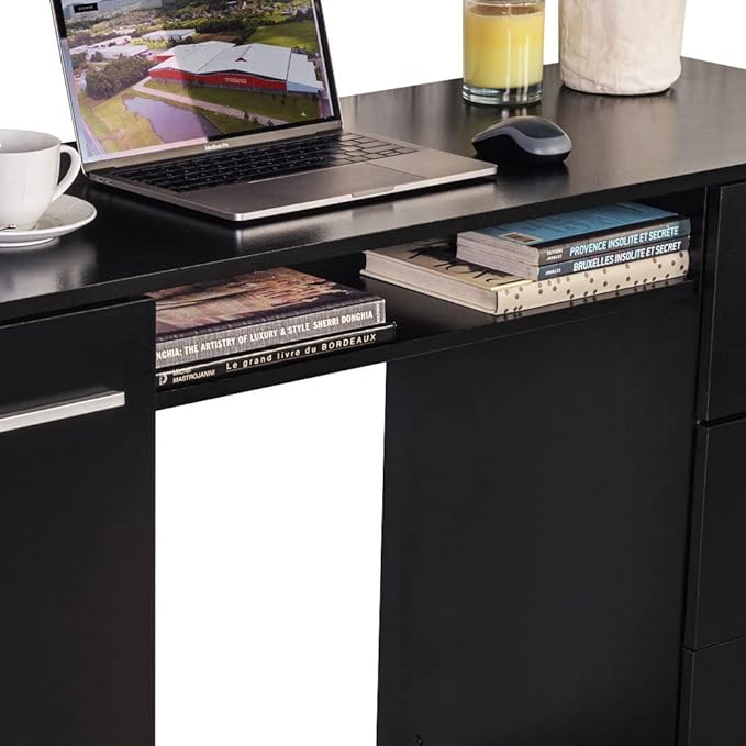 Madesa Computer Desk with 3 Drawers, 1 Door and 1 Storage Shelf, Wood Writing Home Office Workstation, Office Desk with Drawers - 30” H x 18” D x 53” W - Black - LeafyLoom