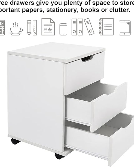 Farini 3-Drawer Vertical Filing Cabinet Rolling Wood Mobile File Cabinets Under Desk for Home Office with Casters (White, Non-Assembled) - LeafyLoom