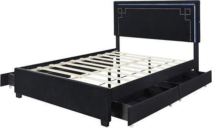 RITSU Queen Size Modern Upholstered Platform Bed with LED Bedframe and 4 Drawers Storable, Rivet-Decorated Headboard, No Box Spring Required, for Living Room, Apartment, Black - LeafyLoom