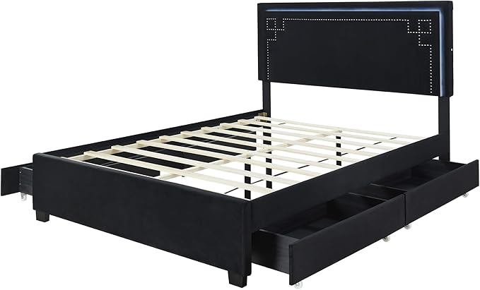 RITSU Queen Size Modern Upholstered Platform Bed with LED Bedframe and 4 Drawers Storable, Rivet-Decorated Headboard, No Box Spring Required, for Living Room, Apartment, Black - LeafyLoom