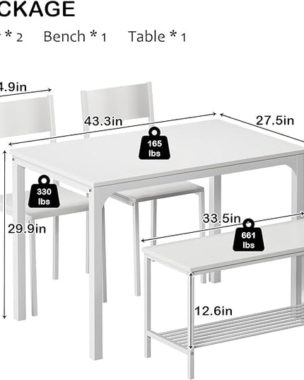 soges 4 Person Dining Table Set,43.3 inch Kitchen Table Set for 4,2 Chairs with Backrest,2-Person Bench with Storage, White Rack,Nesting Furniture Set for Dining Room and Restaurant, White - LeafyLoom