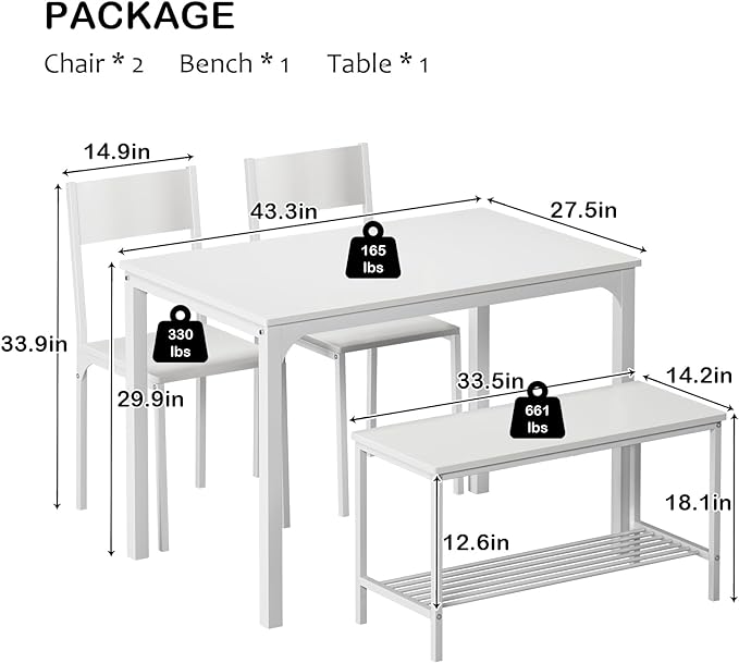 soges 4 Person Dining Table Set,43.3 inch Kitchen Table Set for 4,2 Chairs with Backrest,2-Person Bench with Storage, White Rack,Nesting Furniture Set for Dining Room and Restaurant, White - LeafyLoom