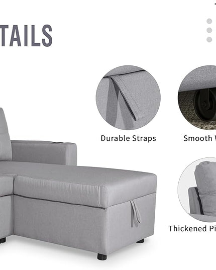 IULULU L Shaped Sectional Sofa, 82 Inch Convertible Sleeper with Pullout Bed, Storage Chaise, Cupholders, 2 in 1 Pull Out Couch for Living Room, Apartment, Silver Grey - LeafyLoom