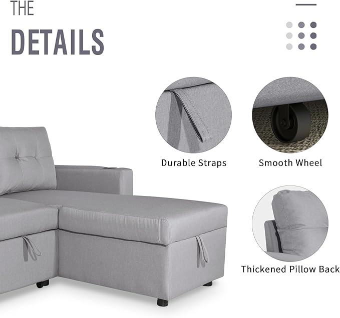 IULULU L Shaped Sectional Sofa, 82 Inch Convertible Sleeper with Pullout Bed, Storage Chaise, Cupholders, 2 in 1 Pull Out Couch for Living Room, Apartment, Silver Grey - LeafyLoom