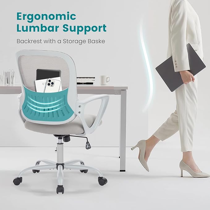 SMUG Office Computer Desk Chair, Ergonomic Mid-Back Mesh Rolling Work Swivel Task Chairs with Wheels, Comfortable Lumbar Support, Comfy Arms for Home, Bedroom, Study, Dorm, Student, Adults, Grey - LeafyLoom