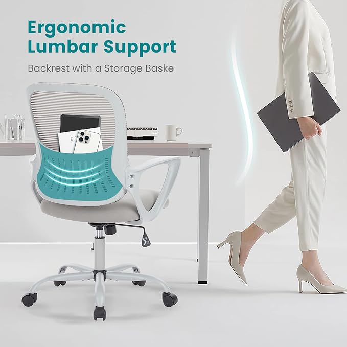 SMUG Office Computer Desk Ergonomic Mid-Back Mesh Rolling Work Swivel Task Chairs with Wheels, Comfortable Lumbar Support, Comfy Arms, Grey - LeafyLoom