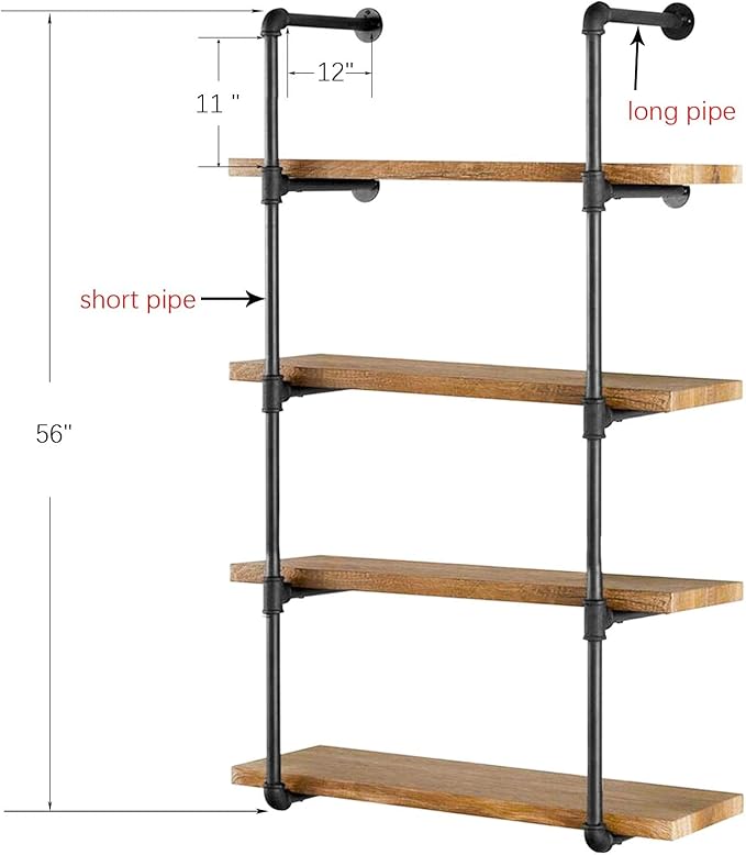 Yuanshikj 2Pc (56" Tall 12" deep,3/4") Industrial Wall Mount Iron Pipe Shelf Shelves Shelving Bracket Vintage Retro Black DIY Bookshelf Storage Office Room Kitchen (5Tier Hardware Only) - LeafyLoom