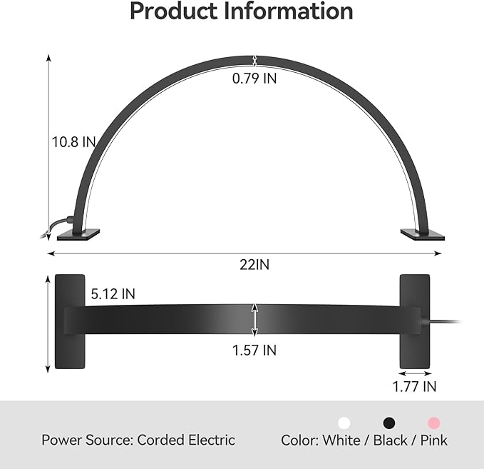 22inch Half Moon Light Nail Lamp for Desk, LED Nail Tech Lamp Lash Light for Professionals, Dimmable Lamp with Touch Controller, Color Temperature 3000K-6000K (Black) - LeafyLoom