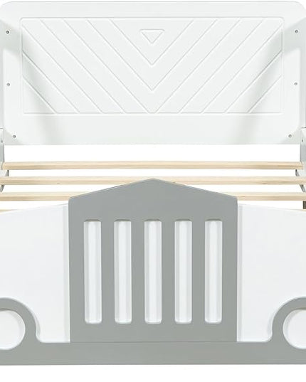 Twin Size Car-Shaped Bed Frame for Kids,Wooden Platform Bed with Wheels and Side Rails for for Boys Girls,Wood Slat Supports,No Box Spring Needed,White - LeafyLoom