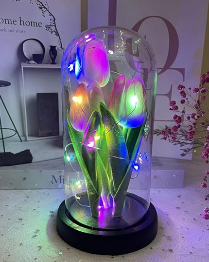 LED Tulip Lamp Artificial Flower Night Light Handmade Light up Tulips in Glass Dome Table Lamp Ornaments Desktop Decor - Battery Operated (Pink-Colour light) - LeafyLoom