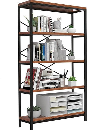 Himimi Industrial Bookshelf 5-Tier, Bookcase 58" H Ladder Shelf, Storage Shelves Rack Shelf Unit, Accent Furniture Metal Frame, Home Office Furniture for Bathroom, Living Room, Vintage Brown - LeafyLoom