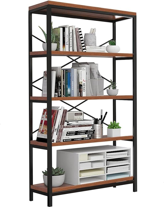 Himimi Industrial Bookshelf 5-Tier, Bookcase 58" H Ladder Shelf, Storage Shelves Rack Shelf Unit, Accent Furniture Metal Frame, Home Office Furniture for Bathroom, Living Room, Vintage Brown - LeafyLoom