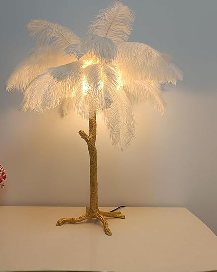 White Bedside Lamp Ostrich Feather Desk Lamp Gold Resin Ostrich Feather Table Lamp, Girls Gift Romantic Wedding Decoration Palm Tree Lamps G4*3 - LeafyLoom