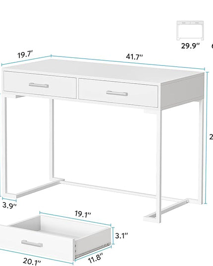 Computer Desk with 2 Drawers, Wooden Writing Desks for Home Office, White - LeafyLoom