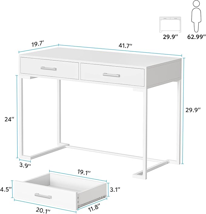 Computer Desk with 2 Drawers, Wooden Writing Desks for Home Office, White - LeafyLoom