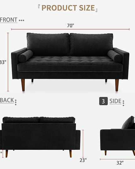 Velvet Furniture for Small Spaces, Mid-Century Modern Loveseats for Living Room, Love Seat Couch Sofas, 70 Inches, Black - LeafyLoom