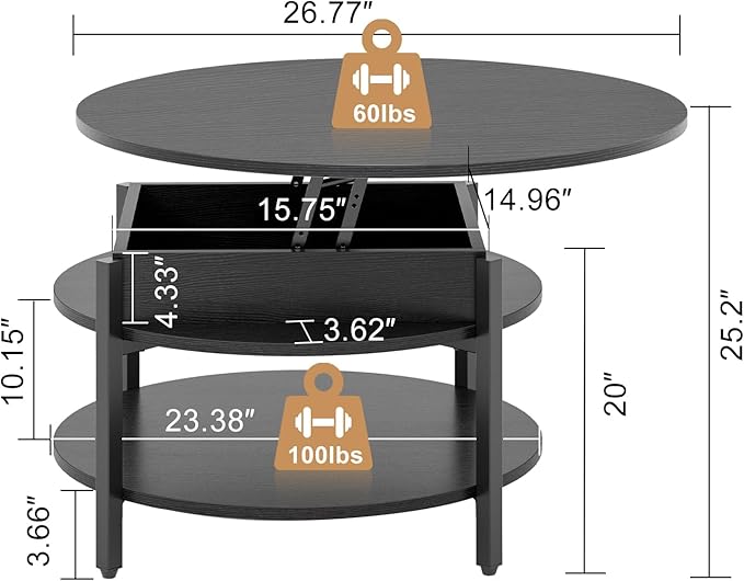 FABATO Round Lift Top Coffee Table with Storage and Hidden Compartment, 26.77'' Farmhouse Coffee Table for Living Room Reception Room, 2 Tier Small Round Coffee Table Circle Dining Table, Black - LeafyLoom