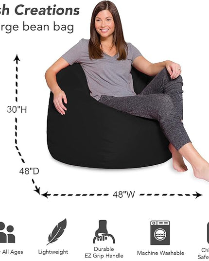 Posh Creations Bean Bag Chair for Kids, Teens, and Adults Includes Removable and Machine Washable Cover, Solid Black, 48in - X-Large - LeafyLoom