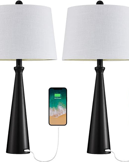 Oneach 25.75” Modern Table Lamps with USB Port Set of 2 Accent Gold Nightstand Lamp for Living Room Bedroom Office Black - LeafyLoom