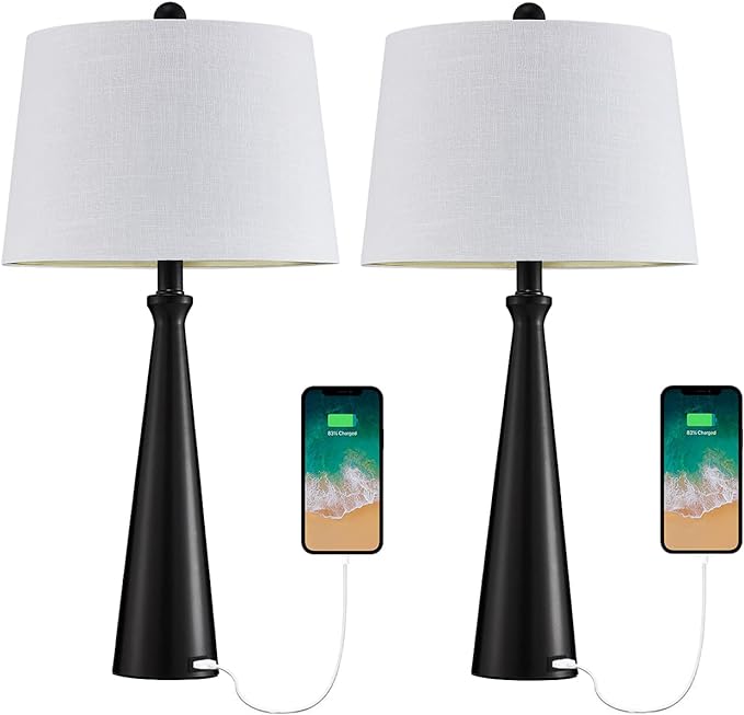 Oneach 25.75” Modern Table Lamps with USB Port Set of 2 Accent Gold Nightstand Lamp for Living Room Bedroom Office Black - LeafyLoom