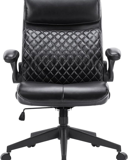 Executive Office Chair, Mid Back Computer Desk Chair with Padded Flip-up Arms, Adjustable Height, Backrest and Rock, Ergonomic Leather Chair Swivel Rolling Chair for Home Office Conference Room-Black - LeafyLoom