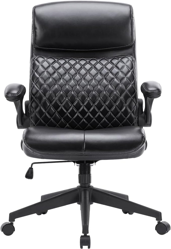 Executive Office Chair, Mid Back Computer Desk Chair with Padded Flip-up Arms, Adjustable Height, Backrest and Rock, Ergonomic Leather Chair Swivel Rolling Chair for Home Office Conference Room-Black - LeafyLoom