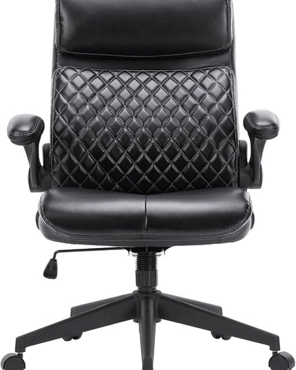 COLAMTY Executive Office Chair 275LBS- Mid Back Computer Desk Chair with Flip-up Arms, Adjustable Height, Rock, Ergonomic Leather Chair Swivel Chair for Home Office - LeafyLoom
