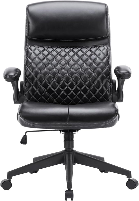 COLAMTY Executive Office Chair 275LBS- Mid Back Computer Desk Chair with Flip-up Arms, Adjustable Height, Rock, Ergonomic Leather Chair Swivel Chair for Home Office - LeafyLoom