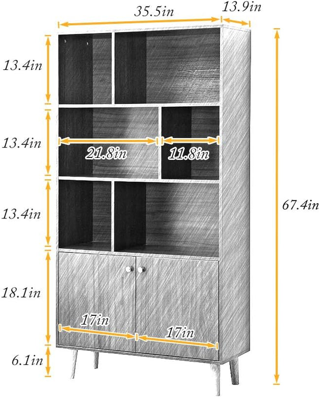 Modern Bookcase with 2 Doors, Wooden Bookshelf Library with 6 Storage Cabinet for Home Office (Walnut) - LeafyLoom