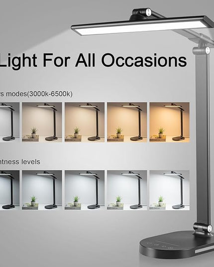 LED Desk Lamp Touch Desk Lamps with 5 Levels Brightness, Dimmable Office Reading Lamp with Adjustable Arm Foldable Table Desk Lamp for Bedroom Bedside Office Study, 3000-6500K(Black) - LeafyLoom