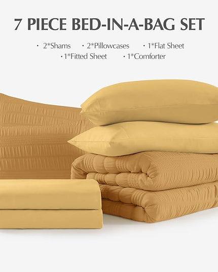CASAAGUSTO Queen Comforter Set, 7 Pieces Mustard Yellow Seersucker Bed in a Bag Queen Size Soft All Seasons, Bedding Sets with Comforter, Flat Sheet, Fitted Sheet, 2 Pillow Shams, 2 Pillowcases - LeafyLoom