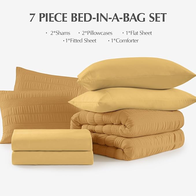CASAAGUSTO Queen Comforter Set, 7 Pieces Mustard Yellow Seersucker Bed in a Bag Queen Size Soft All Seasons, Bedding Sets with Comforter, Flat Sheet, Fitted Sheet, 2 Pillow Shams, 2 Pillowcases - LeafyLoom