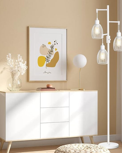 Dimmable Floor Lamp, 3 x 800LM LED Edison Bulbs Included, Farmhouse Industrial Floor Lamp Standing Lamp with Elegant Teardrop Cage Head Tall Lamp for Living Room Bedroom Office Dining Room - White - LeafyLoom
