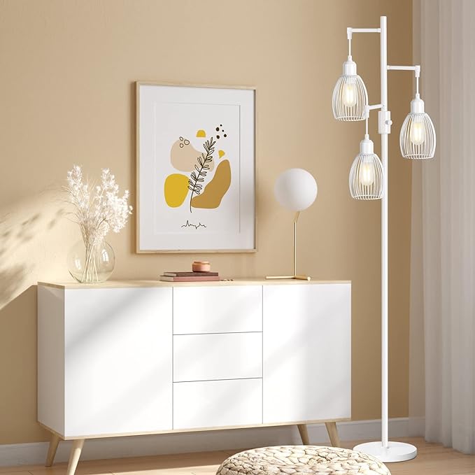 Dimmable Floor Lamp, 3 x 800LM LED Edison Bulbs Included, Farmhouse Industrial Floor Lamp Standing Lamp with Elegant Teardrop Cage Head Tall Lamp for Living Room Bedroom Office Dining Room - White - LeafyLoom
