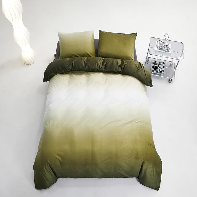 Green White Comforter Set Velvet Full Gradient Olive Green Bedding Comforter Women Plain White and Army Green Gradient Soft Quilt Flannel Dark Green Comforter Warm Full Bed Comforter - LeafyLoom