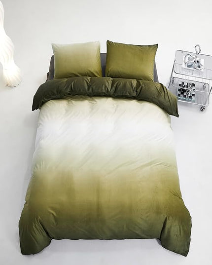 Green White Comforter Set Velvet Twin Gradient Olive Green Bedding Comforter Boys Girls Plain White and Army Green Gradient Soft Quilt Flannel Dark Green Comforter Warm Twin Bed Comforter - LeafyLoom