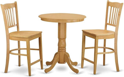 East West Furniture EDGR3-OAK-W Eden 3 Piece Kitchen Counter Height Set Contains a Round Wooden Table with Pedestal and 2 Dining Chairs, 30x30 Inch, Oak - LeafyLoom