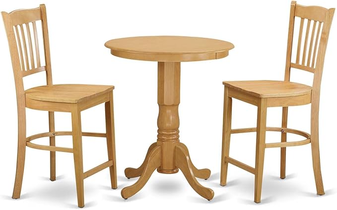 East West Furniture EDGR3-OAK-W Eden 3 Piece Kitchen Counter Height Set Contains a Round Wooden Table with Pedestal and 2 Dining Chairs, 30x30 Inch, Oak - LeafyLoom