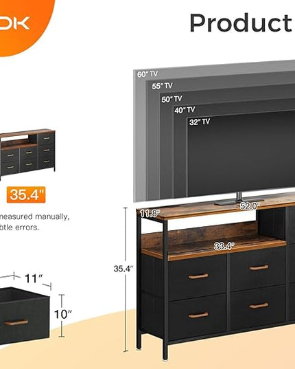 AODK Dresser with LED Lights and Power Outlet, 52-Inch Long Dresser TV Stand for Bedoom, Fabric TV Stand with 7 Large Storage Drawers and Shelves for Living Room, Vintage and Black - LeafyLoom