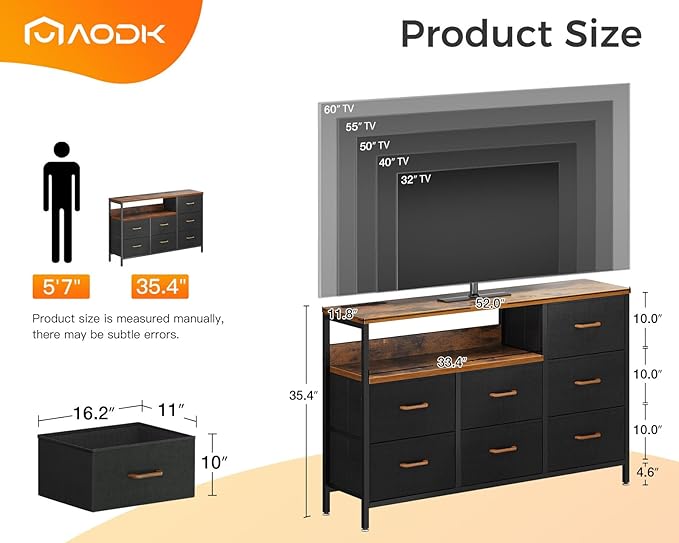 AODK Dresser with LED Lights and Power Outlet, 52-Inch Long Dresser TV Stand for Bedoom, Fabric TV Stand with 7 Large Storage Drawers and Shelves for Living Room, Vintage and Black - LeafyLoom