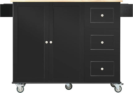 53" W Mobile Kitchen Island with Drop Leaf, Locking Wheels, Solid Wood Tabletop & Storage Cabinet and 3 Drawers, for Dining Room, Coffee Bar Service - LeafyLoom