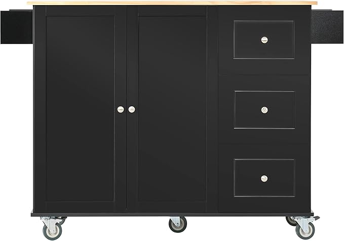 53" W Mobile Kitchen Island with Drop Leaf, Locking Wheels, Solid Wood Tabletop & Storage Cabinet and 3 Drawers, for Dining Room, Coffee Bar Service - LeafyLoom