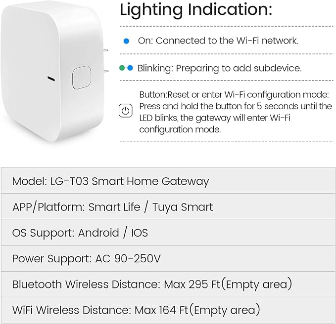 Wi-Fi Gateway for Tuya Smart Door Lock, Wi-Fi Bridge for Bluetooth Lock Remotely Control with Tuya/SmartLife App, Gateway Smart Hub Remote Control for Door Locks MakeYourHomeMoreElegantAndSafer