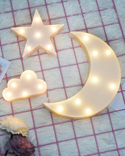 GUOCHENG Lovely White Moon Star Cloud Light Set Battery Operated LED Marquee Light Sign Warm White Bedside Lamps for Kids Children Bedroom Nursery, Baby Standing Night Light - LeafyLoom